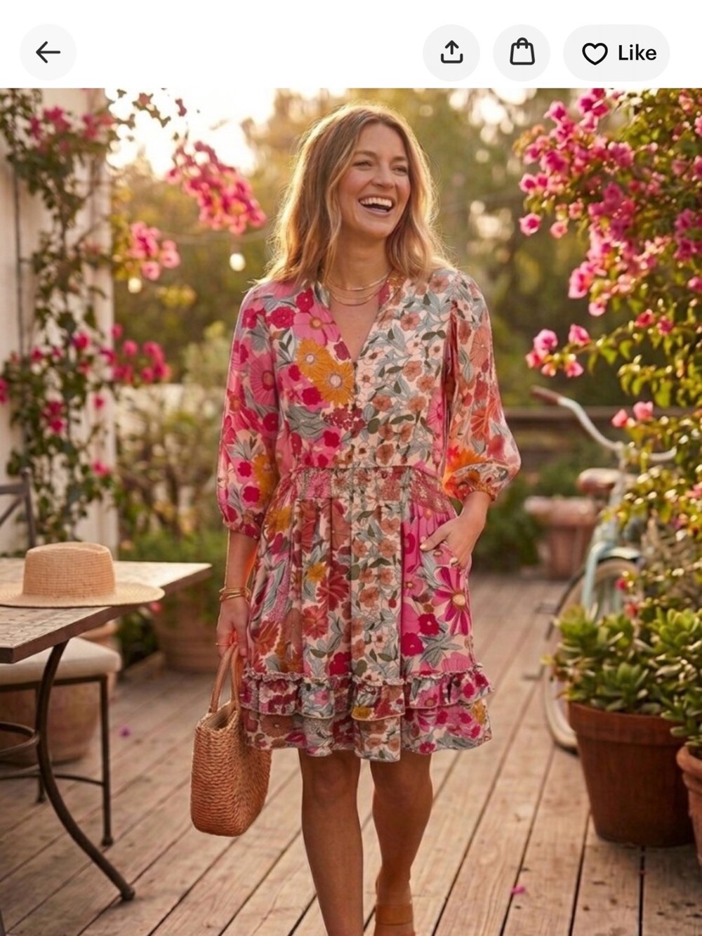 Mikarose Pink Floral V-Neck Tiered Mini Dress